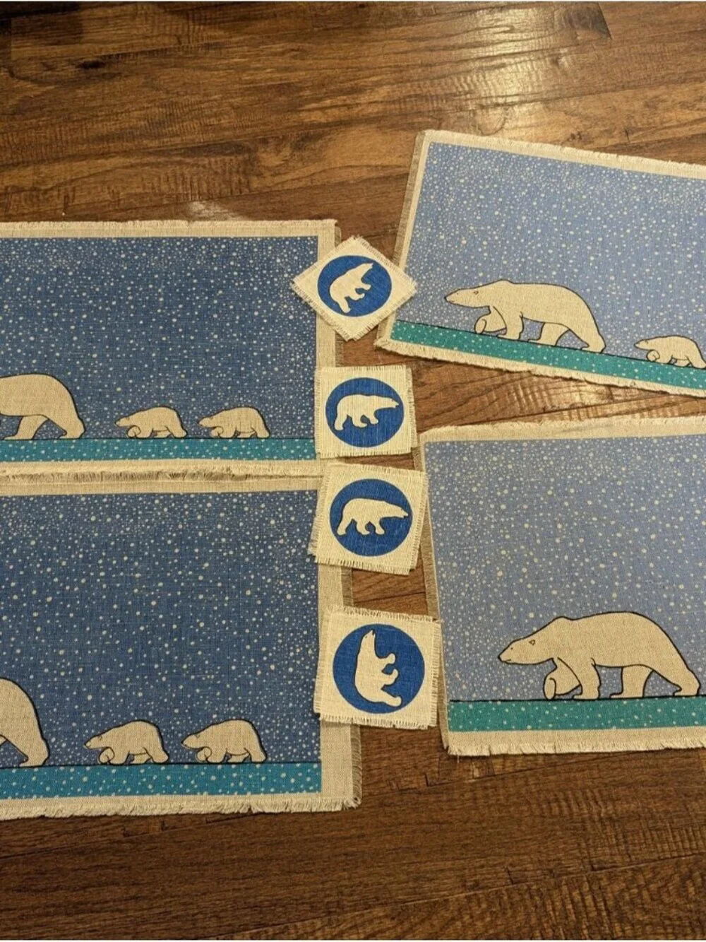 Vintage Skemo Canada Polar Bear Placemat & Coaster Set Of 4 in Blue Teal & White